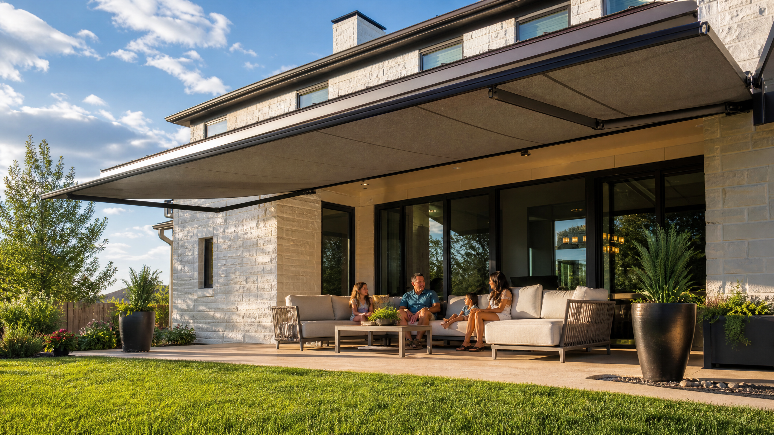 Retractable awning over patio
