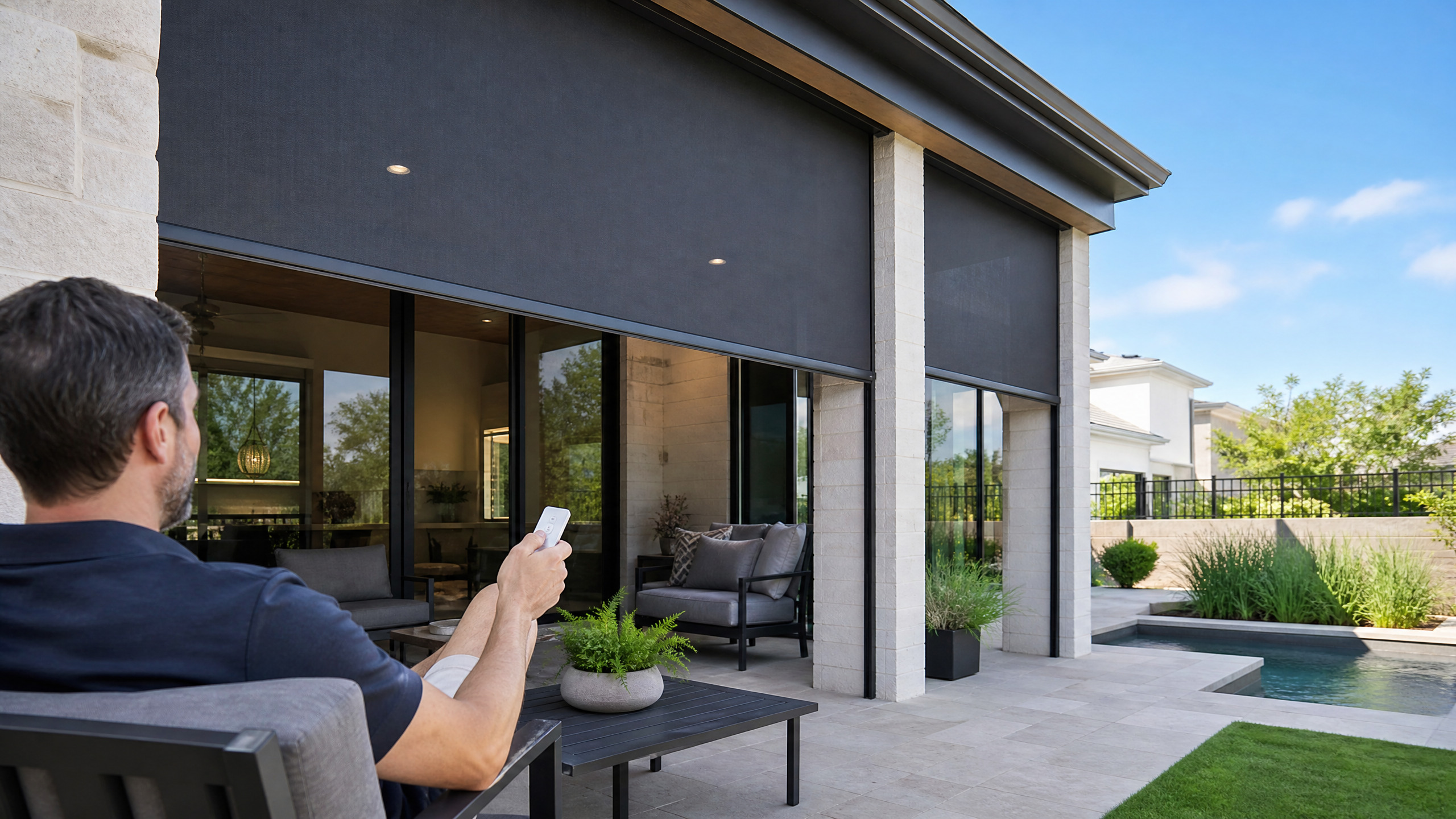 Motorized shades on luxury patio